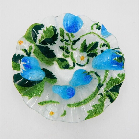 Sydenstricker Blue Strawberry Fused Glass Plate Bowl Ruffled Edge 2 PC Signed - Picture 6 of 11